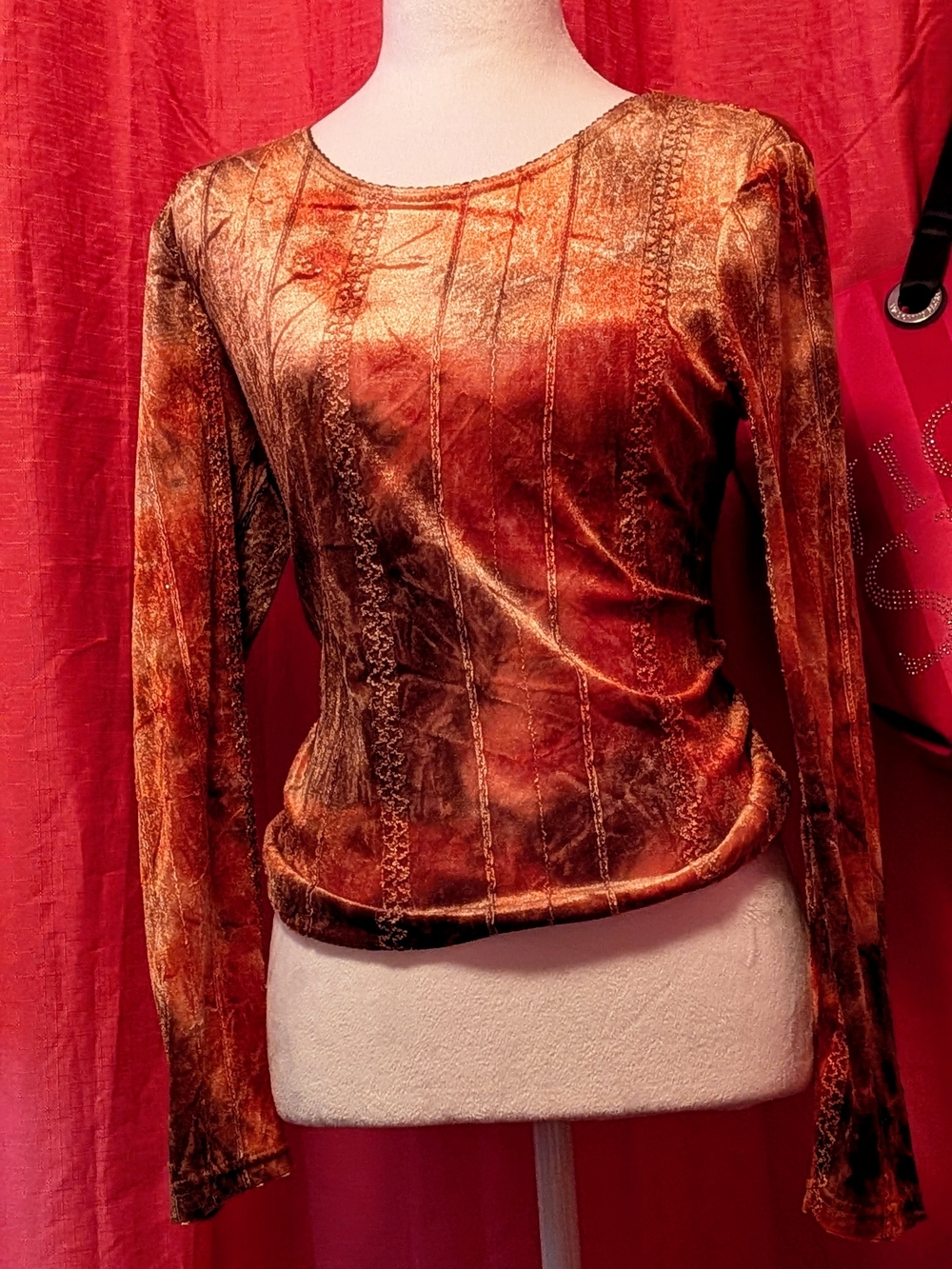 Women's Long-Sleeve Velvet Top in Burnt Orange